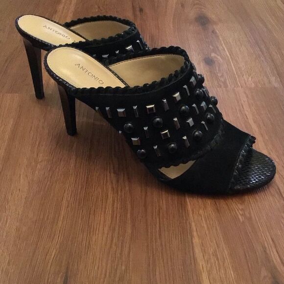 ANTONIO MELANI Black Leather Studded OPEN TOE High Heel MULES Dress SHOES - Picture 3 of 7